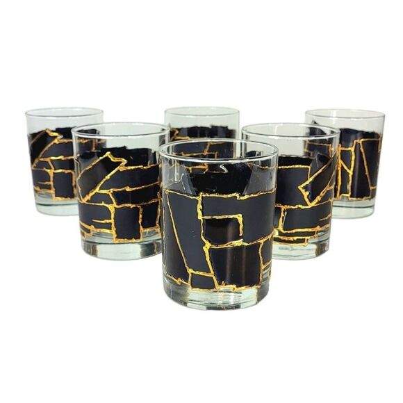 Other - Vintage MCM Georges Briard Black 22 Kt Gold Mosaic Heavy Bottom Rocks Glass 6 Pc